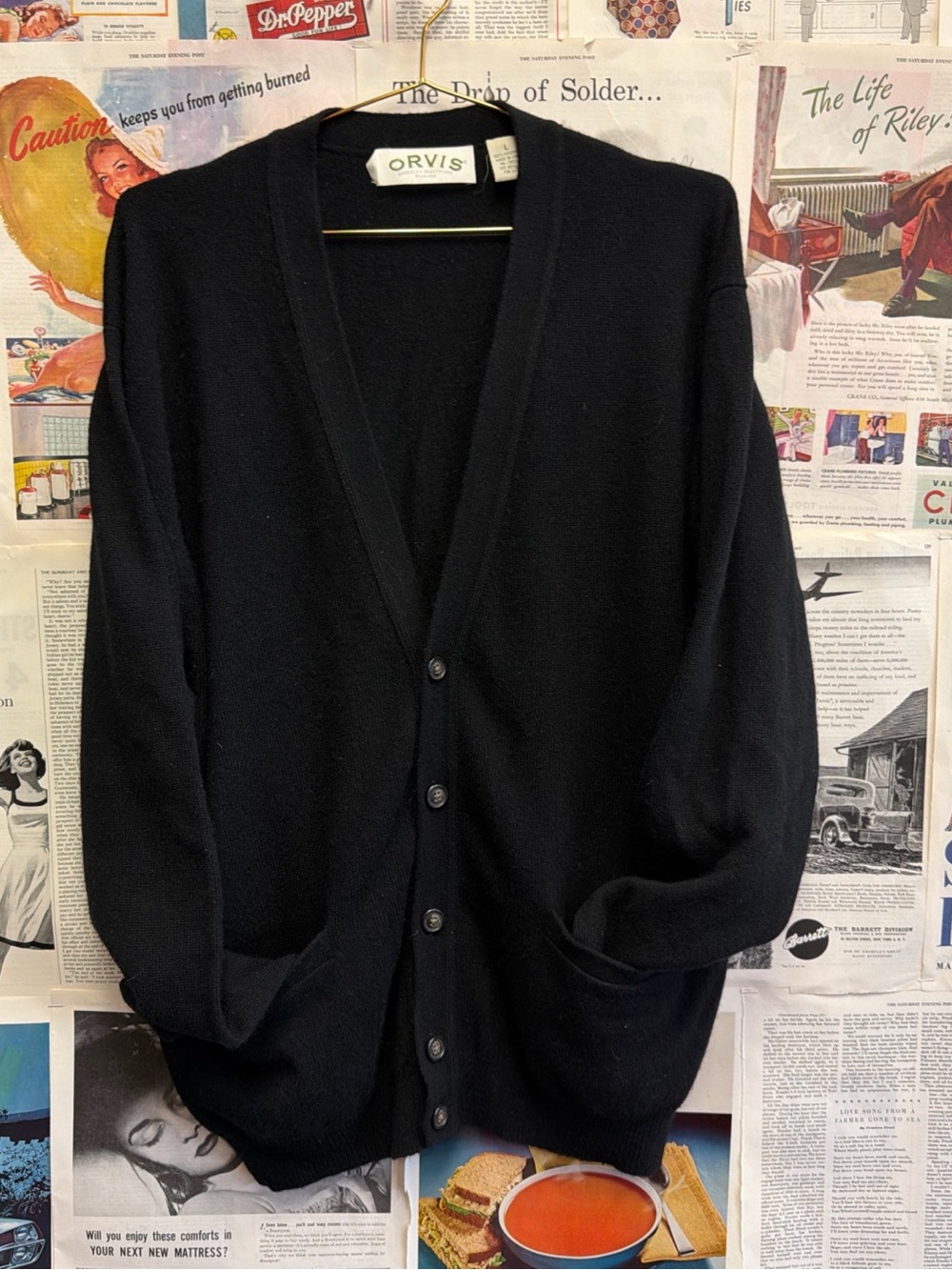 Vintage Orvis Men's 100% Cashmere Black Button-Up V-Neck Cardigan Sweater Size L
